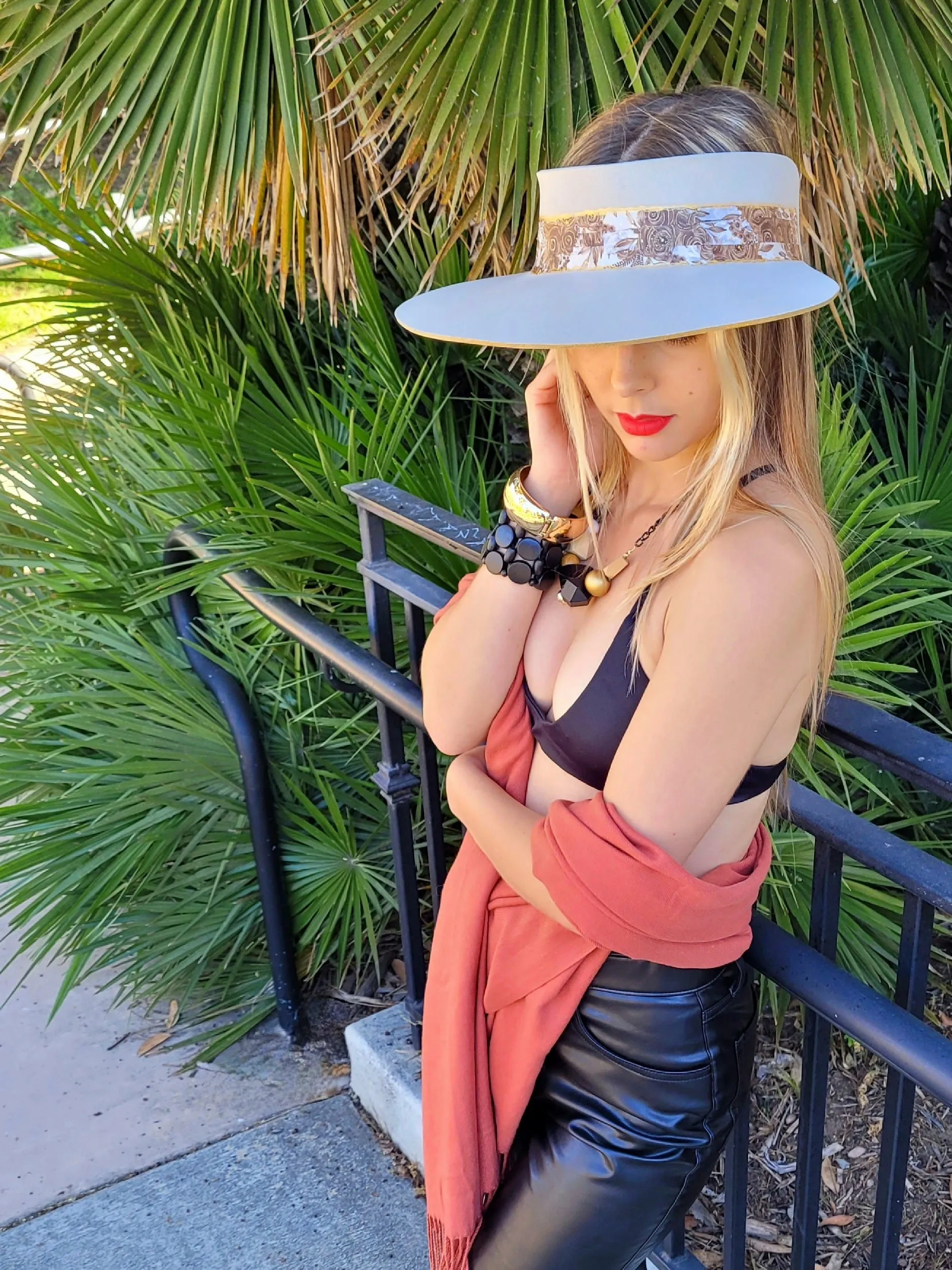 Taupe "LadyEVA" Visor Hat with Golden Autumn Floral Band