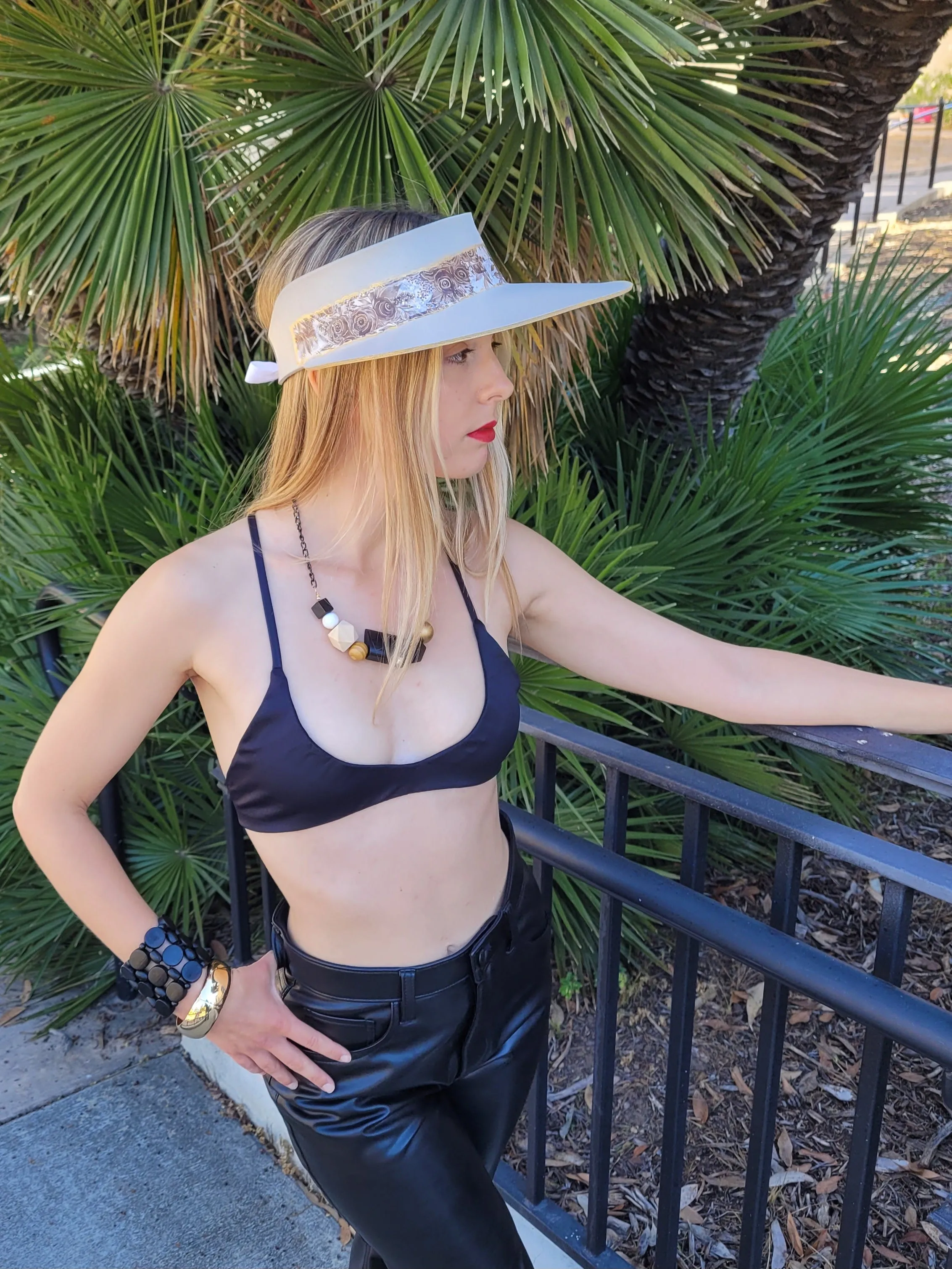 Taupe "LadyEVA" Visor Hat with Golden Autumn Floral Band