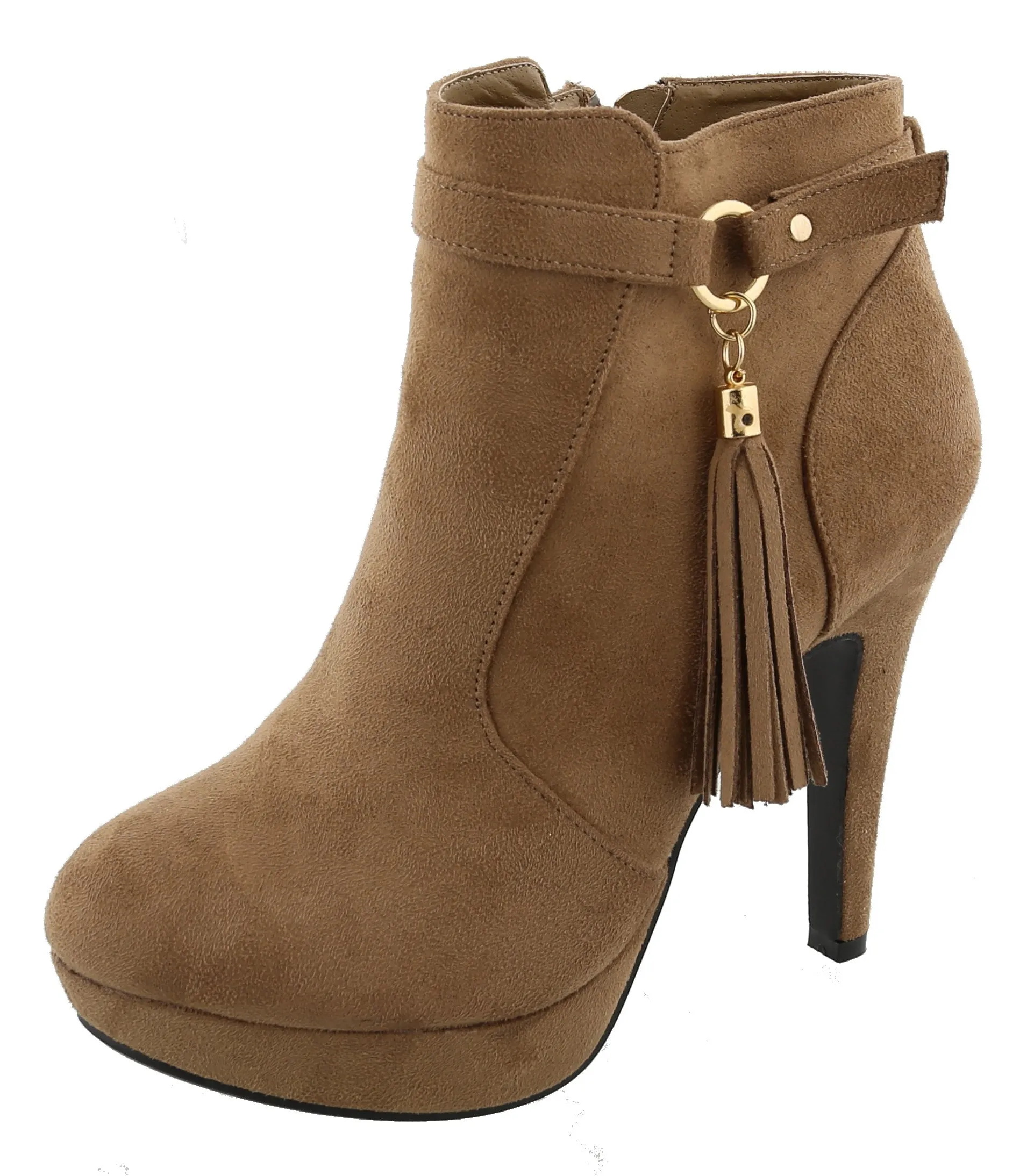 Top Moda Women's Closed Almond Toe Tassel Platform Stiletto Heel Ankle Bootie