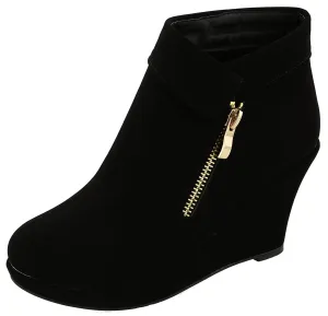 Top Moda Women's Fold Over Cuff Side Zip Closed Toe Wedge Ankle Bootie