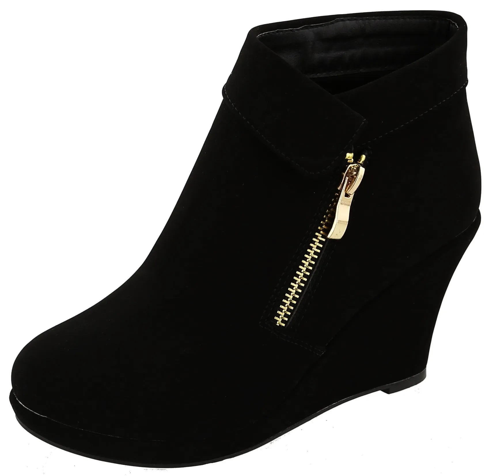 Top Moda Women's Fold Over Cuff Side Zip Closed Toe Wedge Ankle Bootie