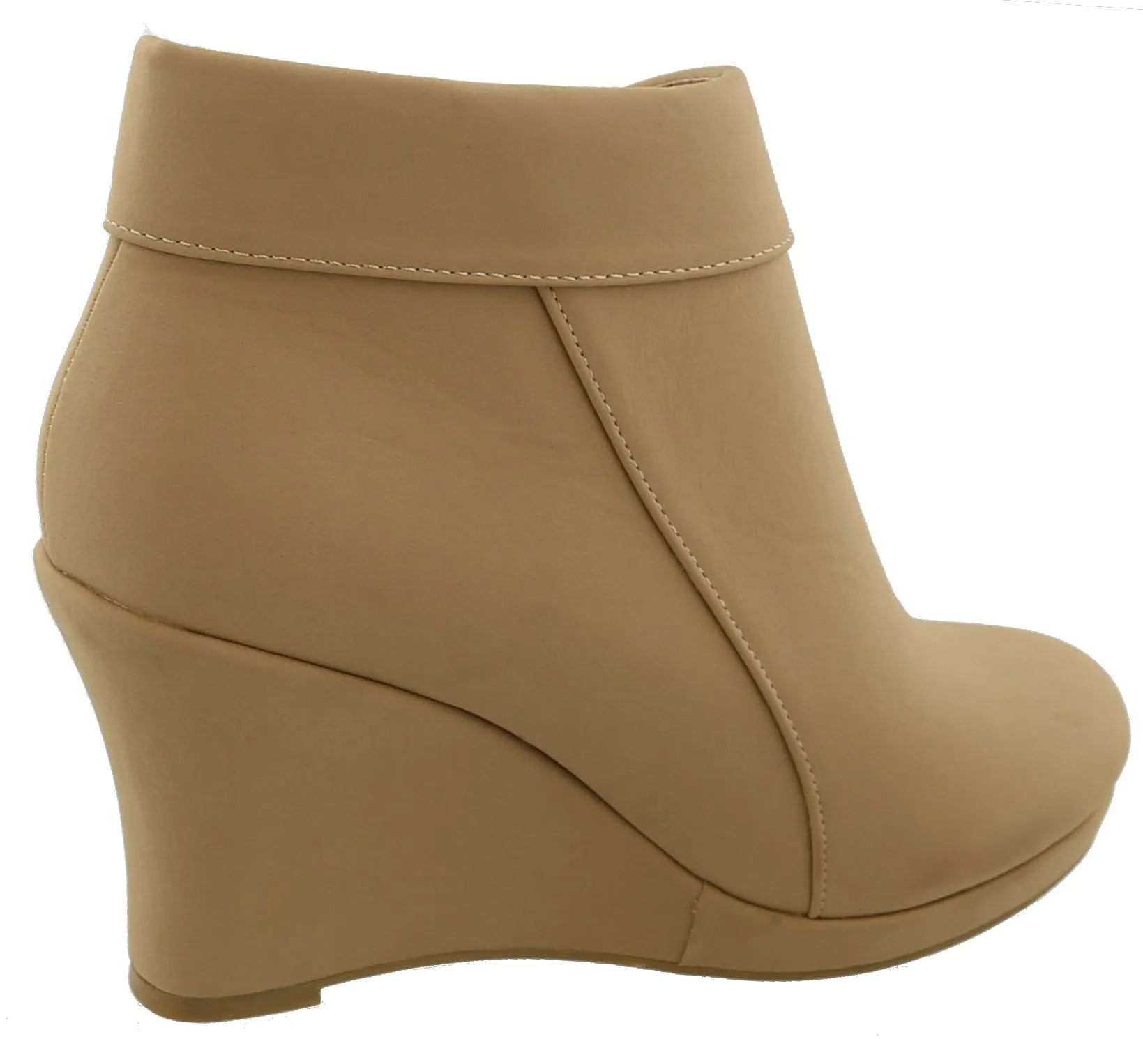 Top Moda Women's Fold Over Cuff Side Zip Closed Toe Wedge Ankle Bootie