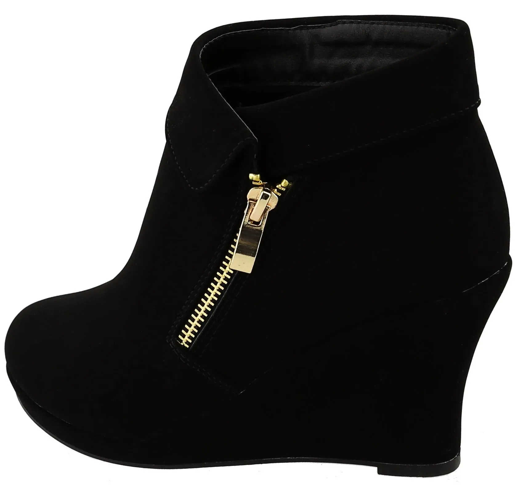 Top Moda Women's Fold Over Cuff Side Zip Closed Toe Wedge Ankle Bootie