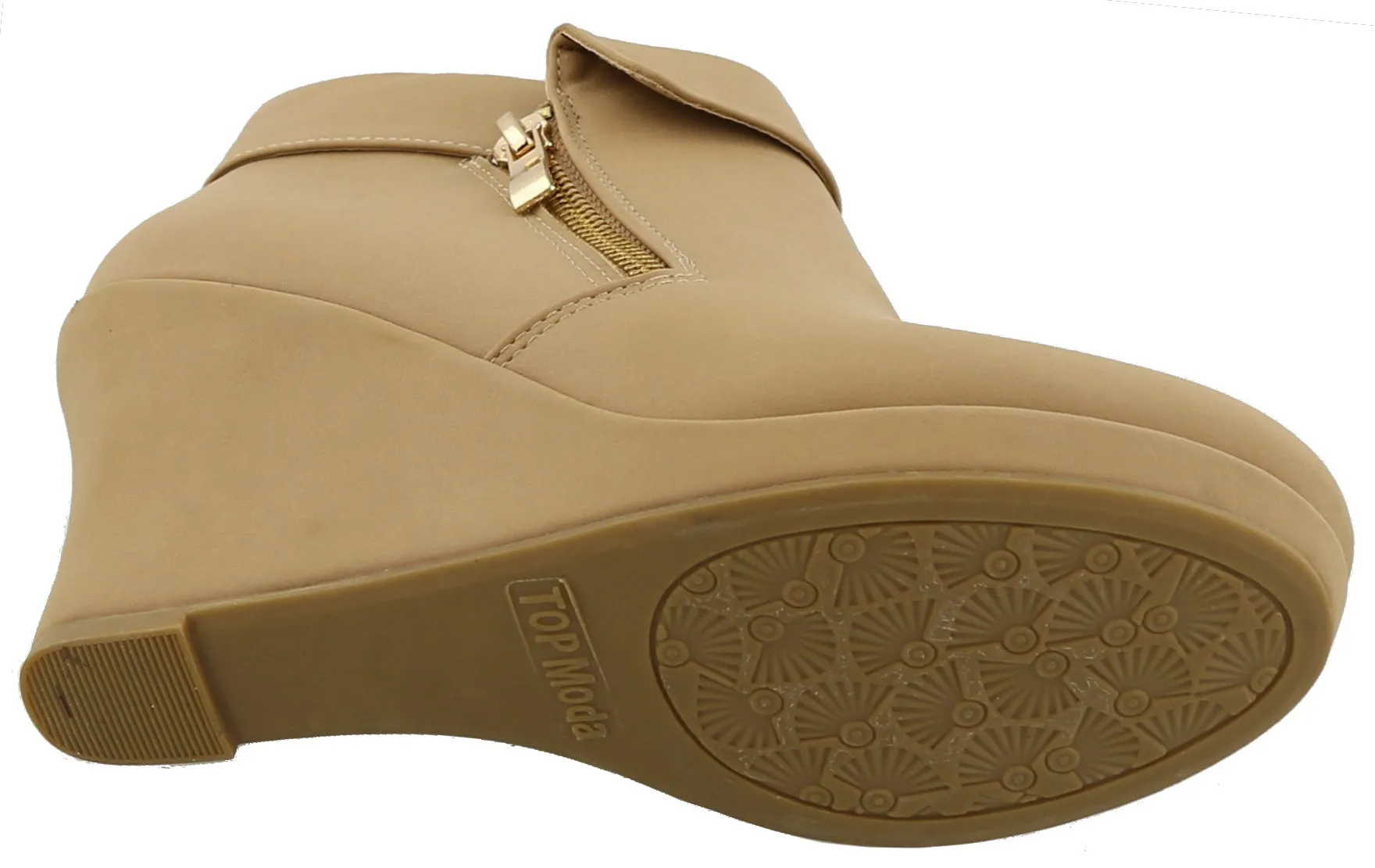 Top Moda Women's Fold Over Cuff Side Zip Closed Toe Wedge Ankle Bootie