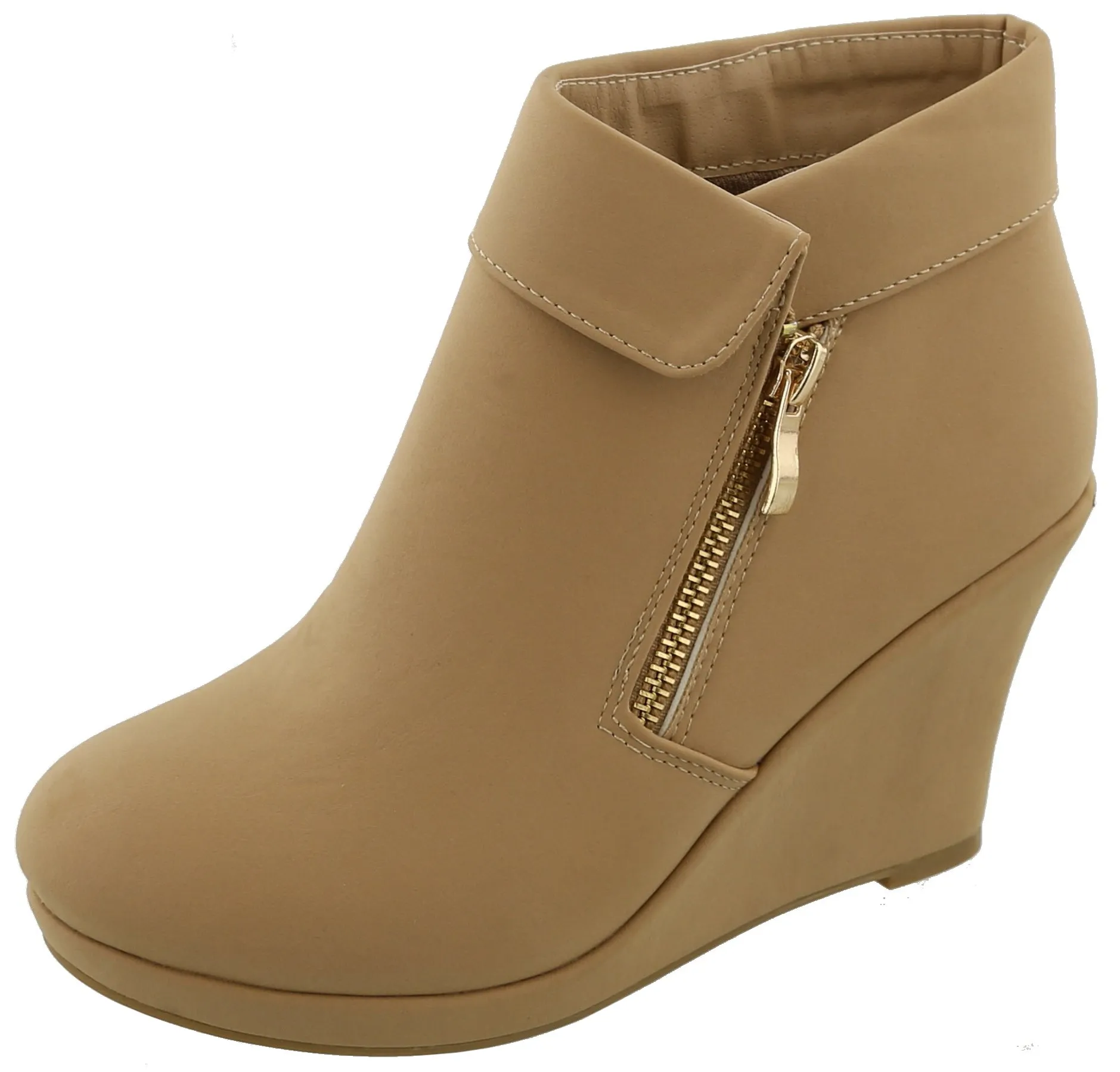 Top Moda Women's Fold Over Cuff Side Zip Closed Toe Wedge Ankle Bootie