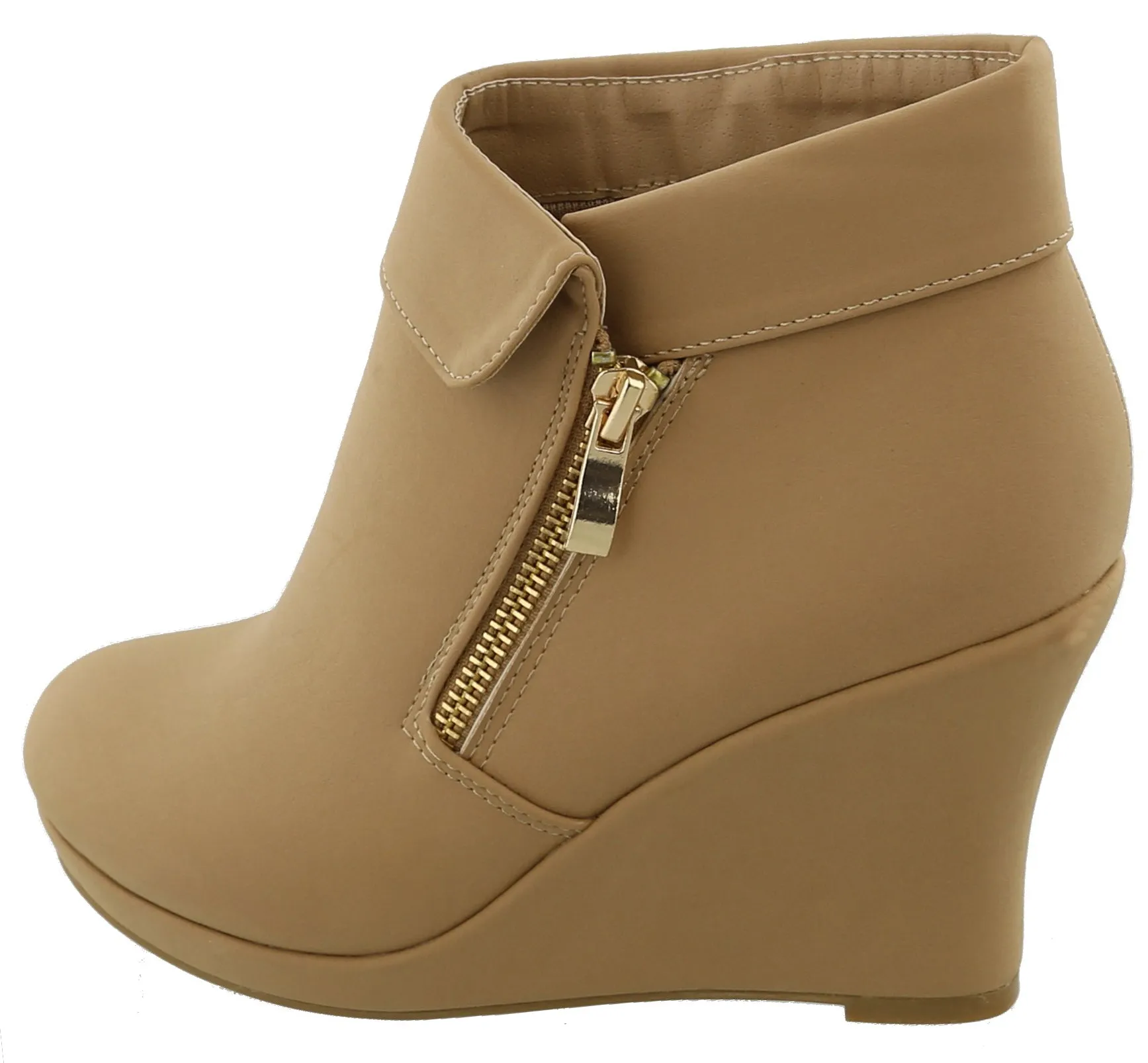 Top Moda Women's Fold Over Cuff Side Zip Closed Toe Wedge Ankle Bootie