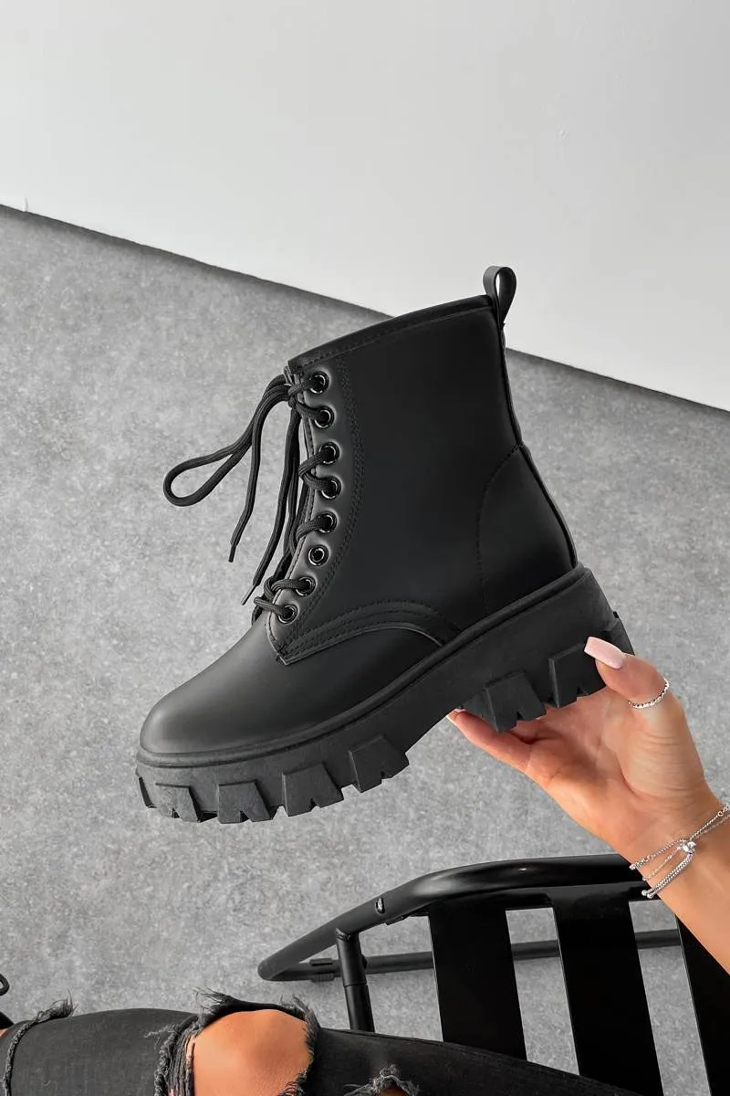 VOLTAGE Chunky Lace Up Ankle Boots - Black PU