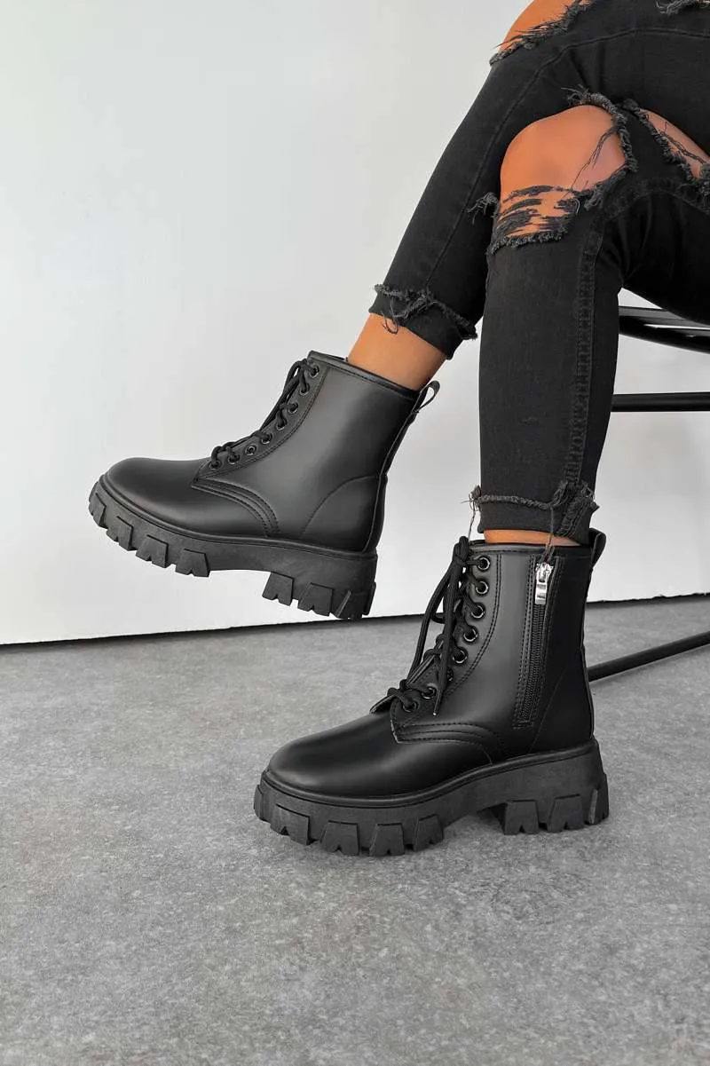 VOLTAGE Chunky Lace Up Ankle Boots - Black PU