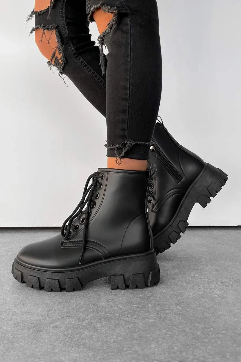 VOLTAGE Chunky Lace Up Ankle Boots - Black PU