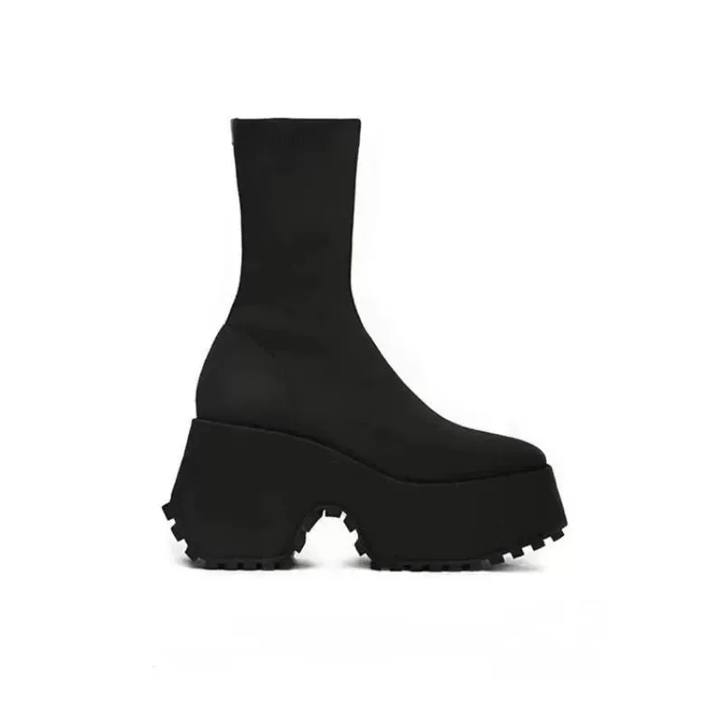 Wjczt Sock Boots Woman Hided Wedge Platform Female Casual Shoes Autumn New Wedge Lady Knitting Short Ankle Boots Platform 11 CM