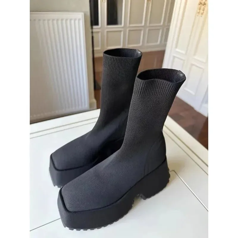 Wjczt Sock Boots Woman Hided Wedge Platform Female Casual Shoes Autumn New Wedge Lady Knitting Short Ankle Boots Platform 11 CM