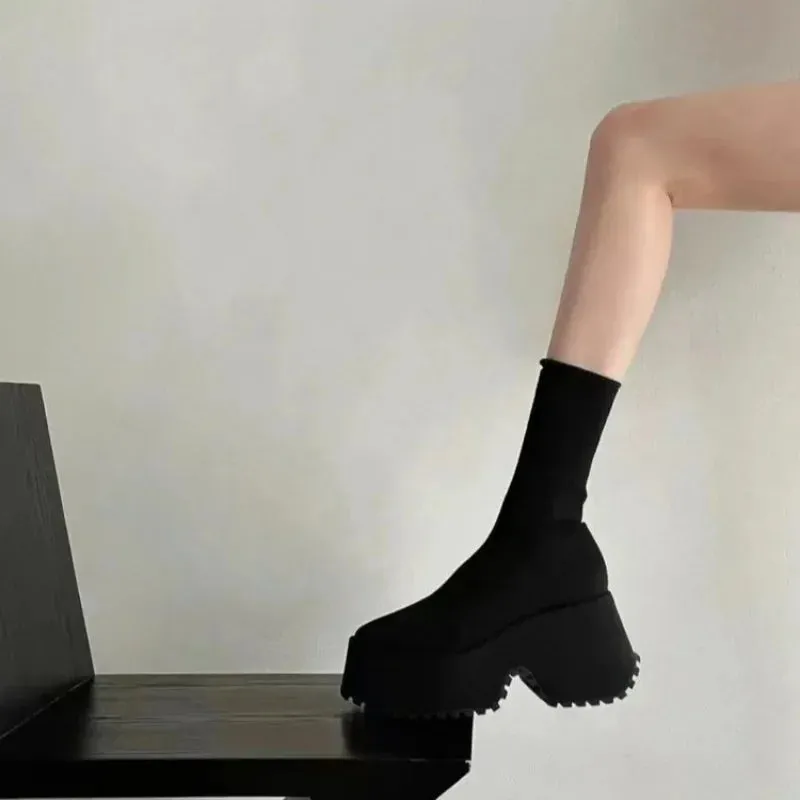 Wjczt Sock Boots Woman Hided Wedge Platform Female Casual Shoes Autumn New Wedge Lady Knitting Short Ankle Boots Platform 11 CM