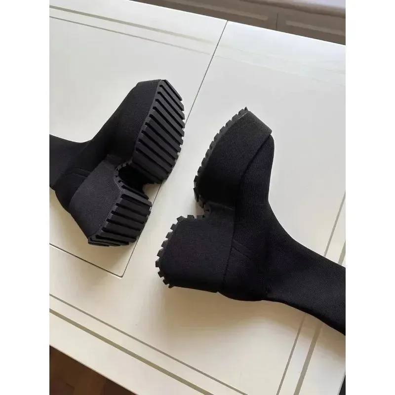 Wjczt Sock Boots Woman Hided Wedge Platform Female Casual Shoes Autumn New Wedge Lady Knitting Short Ankle Boots Platform 11 CM
