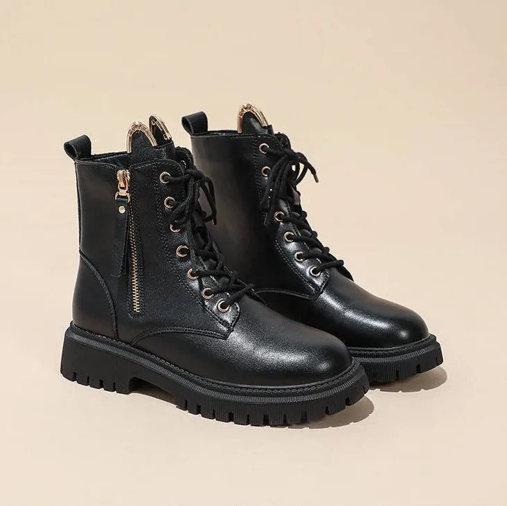 Womens Cute Cat Ears Ankle Lace-up Boots