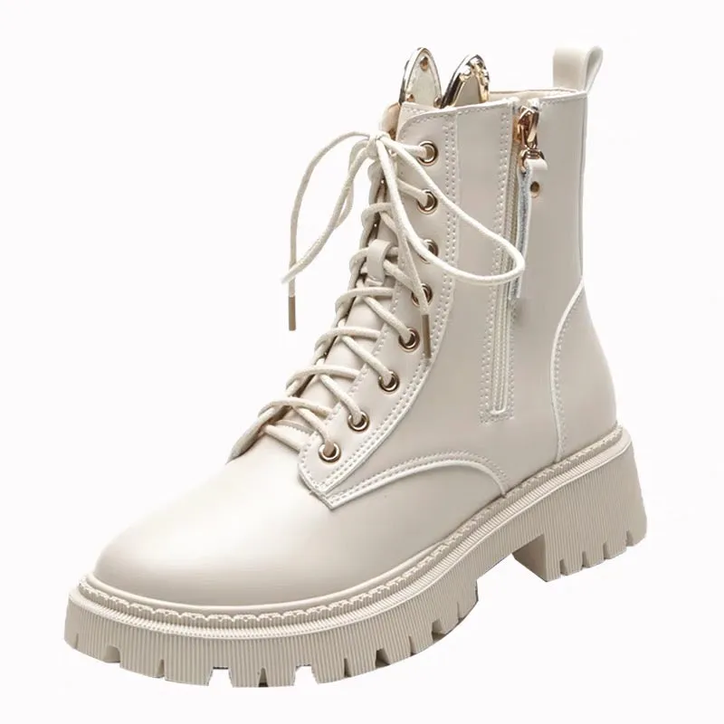 Womens Cute Cat Ears Ankle Lace-up Boots