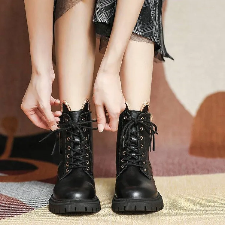 Womens Cute Cat Ears Ankle Lace-up Boots