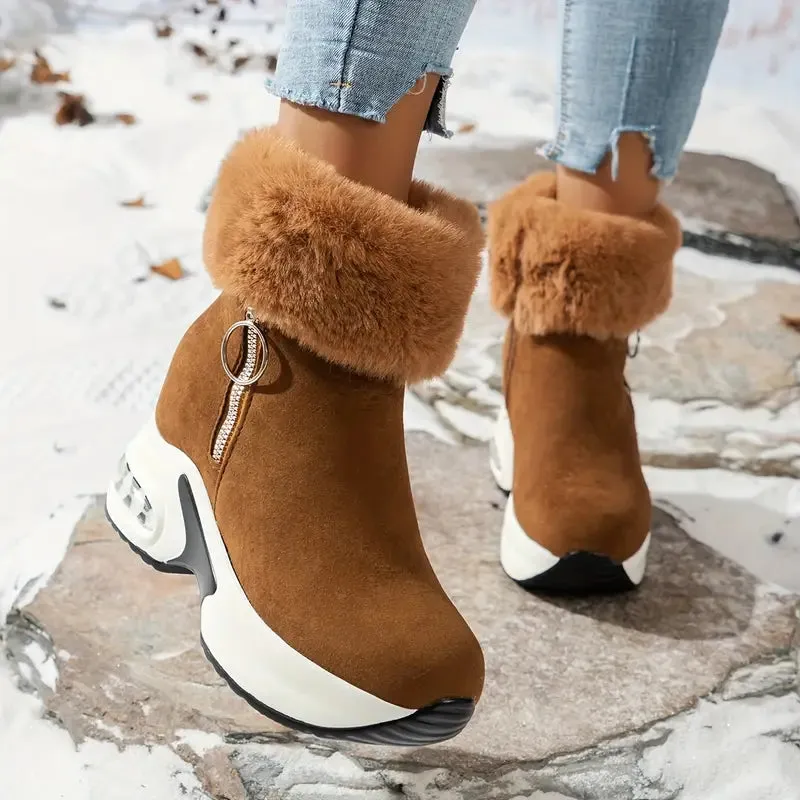 Women's Platform Ankle Boots - Smooth Zipper, Chunky Style, Plush Lined