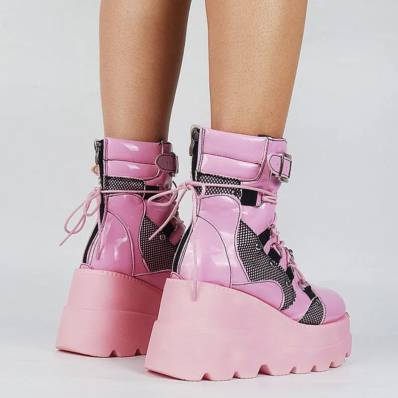 Womens Punk Lace-Up Platform Boots