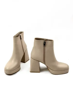 Women's Sand Beige Platform Heeled Short Leather Boots