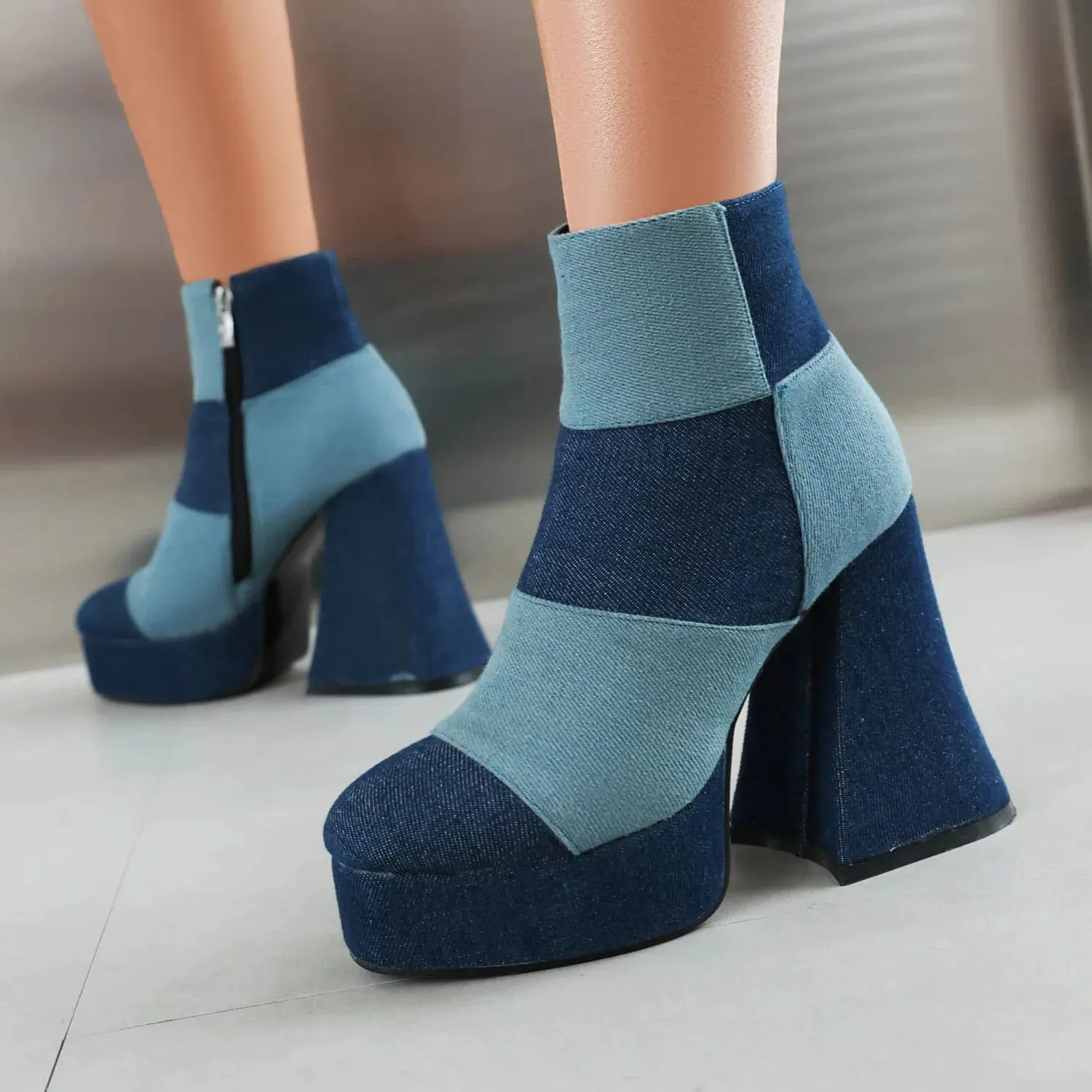 Zebra Queen Round toe chunky heel platform zipper Multicolor denim ankle boots