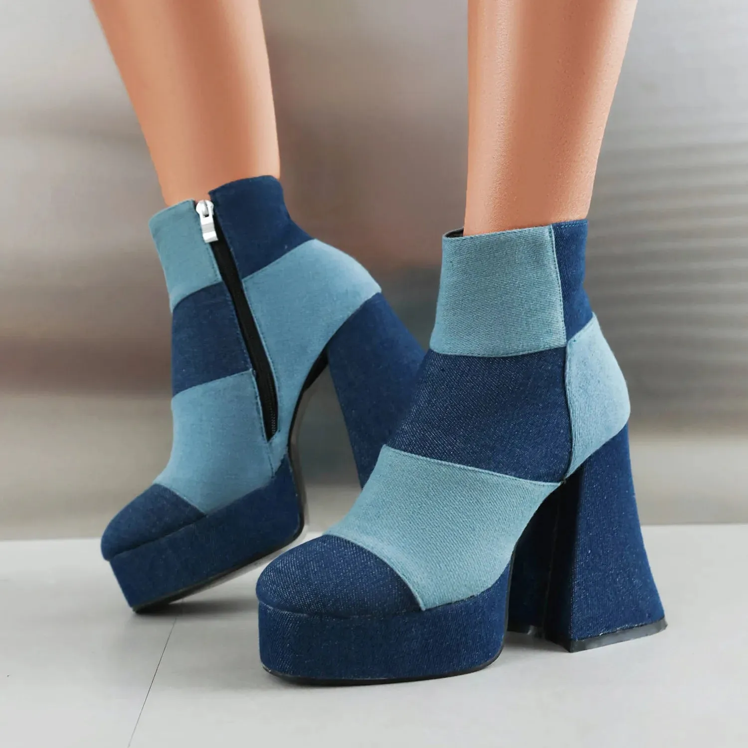 Zebra Queen Round toe chunky heel platform zipper Multicolor denim ankle boots