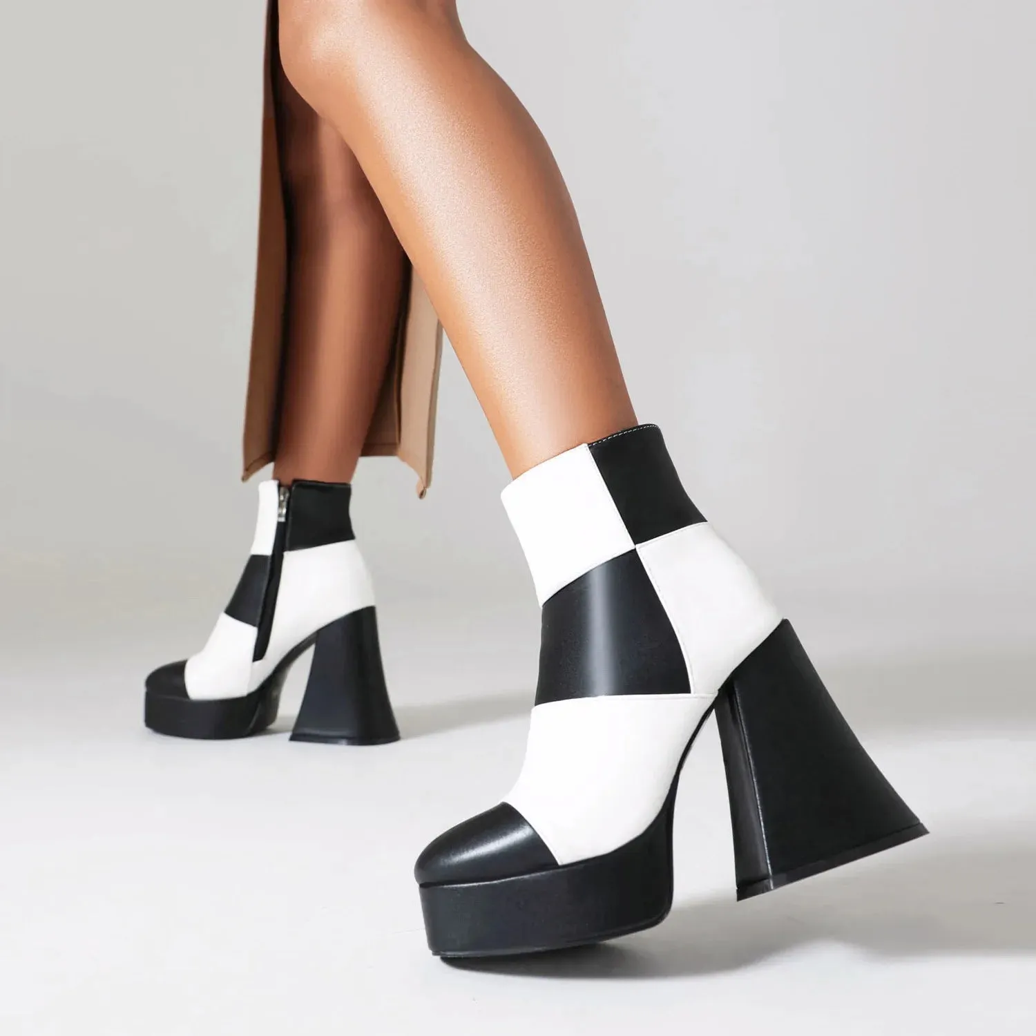 Zebra Queen Round toe chunky heel platform zipper Multicolor denim ankle boots