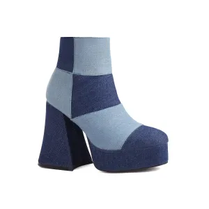 Zebra Queen Round toe chunky heel platform zipper Multicolor denim ankle boots