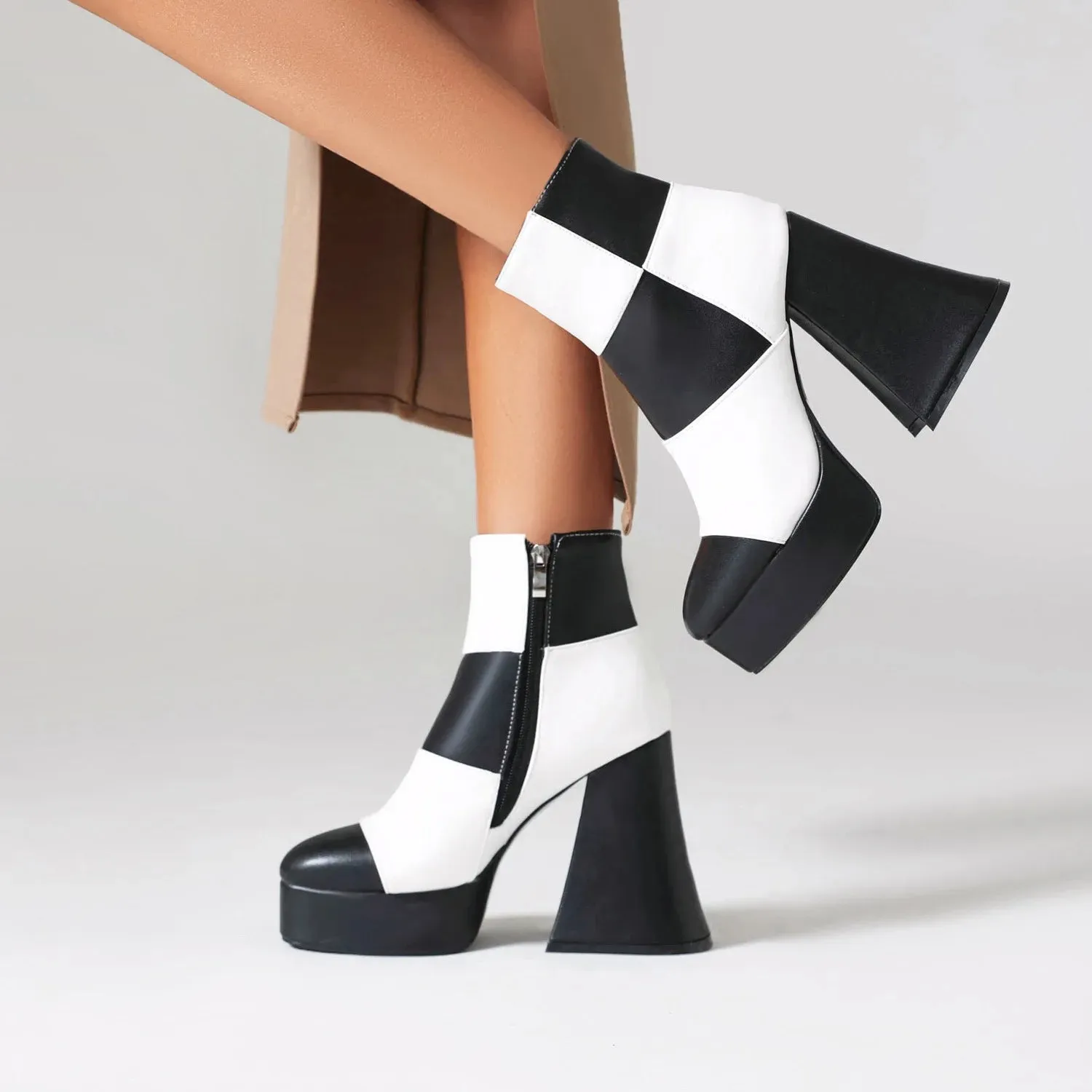 Zebra Queen Round toe chunky heel platform zipper Multicolor denim ankle boots
